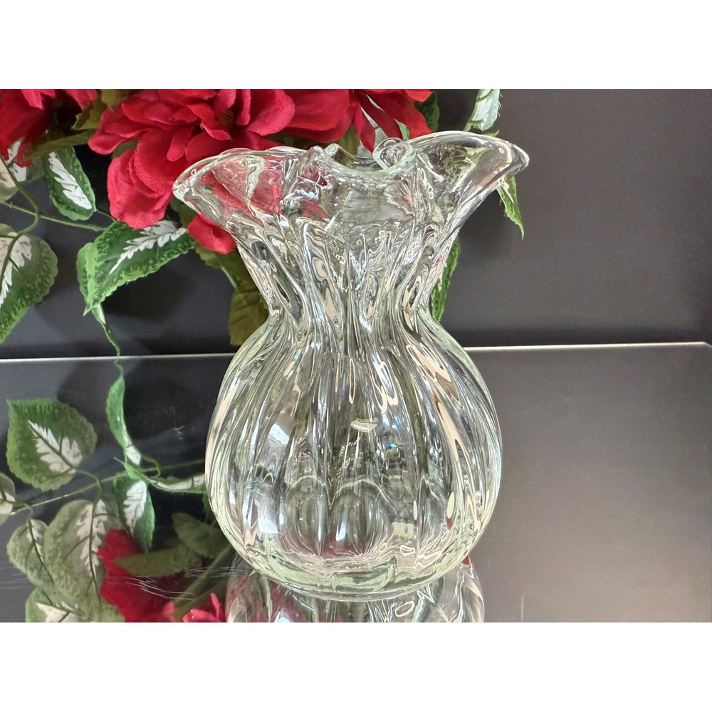 Crystal Brand Clear Ribbed Art Glass Vase Ruffled Edge Handblown Style Decor‎
